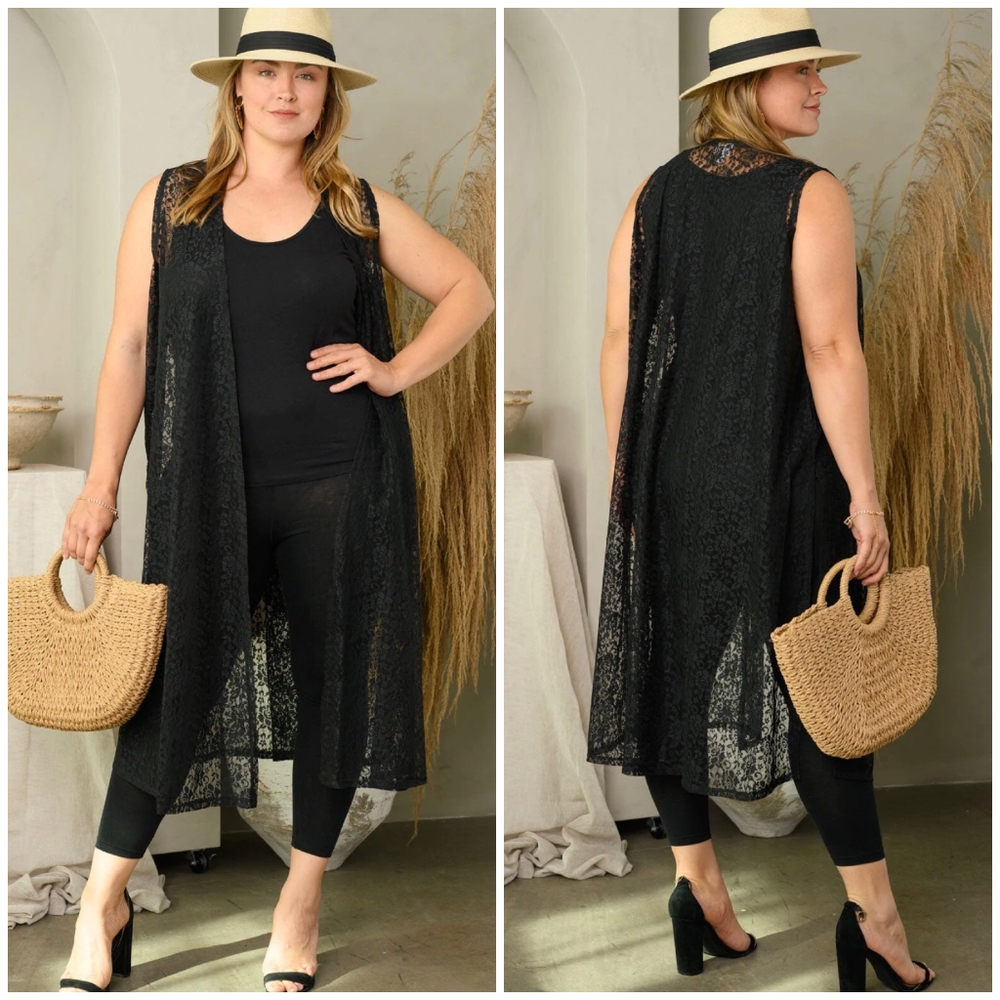 LAST 1❗LuLaRoe Plus Size Boho Chic Black Lace Sleeves Long Cardigan Vest - Picture 4 of 5